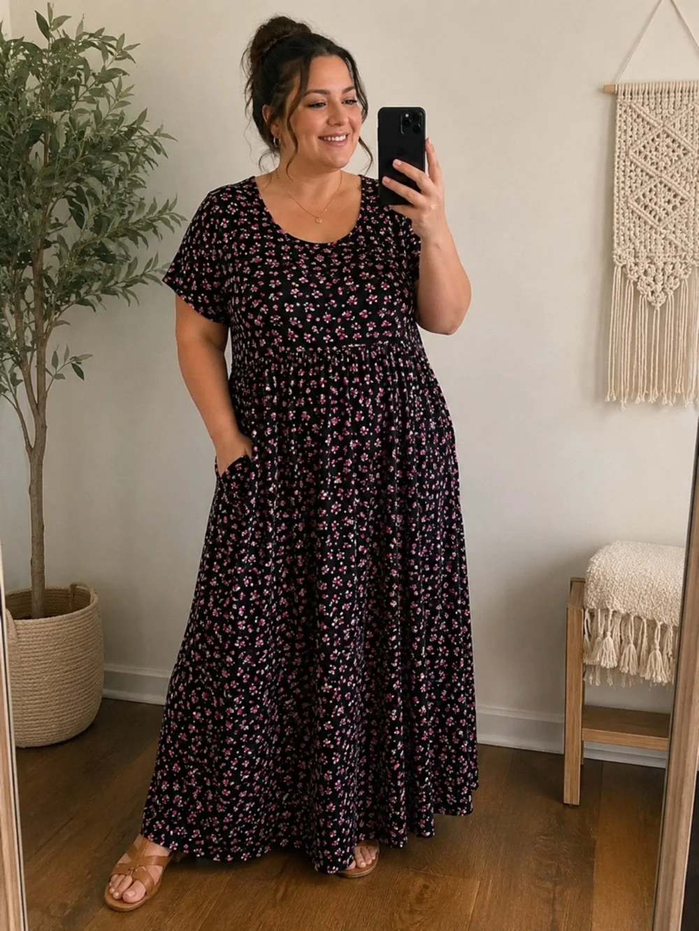 Popyoung Maxi Dress 2X Black Pink Floral Empire Waist Pockets NWT Autumn Wedding - Picture 7 of 7